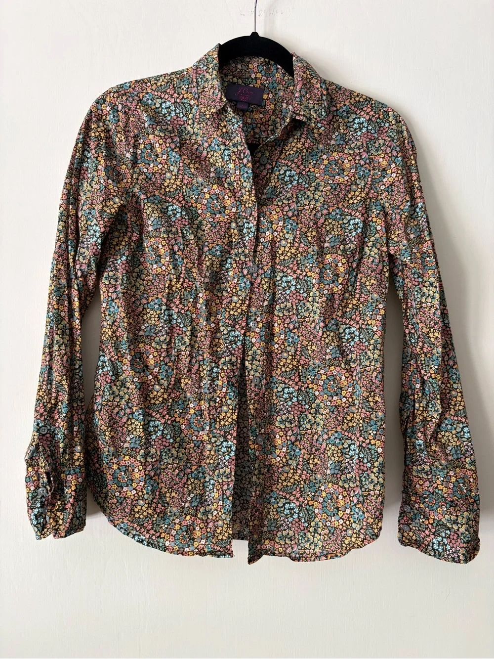 J. Crew & Liberty of London Black Floral Button-Down Shirt w Multicolor Blossoms